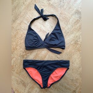 Athleta Black salmon Orange Bikini sporty halter top bottom swim suit size XS S